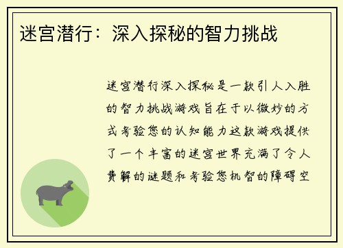 迷宫潜行:深入探秘的智力挑战